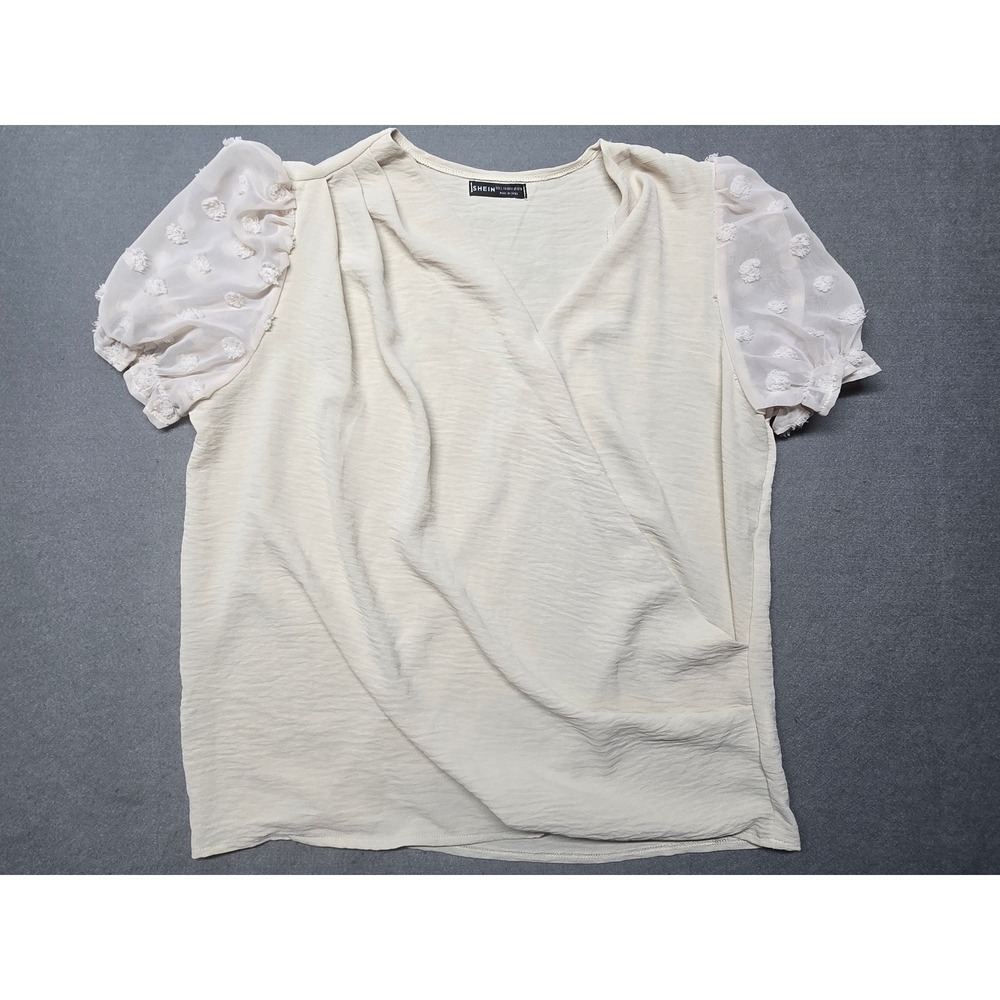 Shein Cream Wrap Blouse Sheer Swiss Dot Puff Sleeve Surplice Top Womens Large